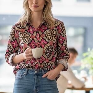 Tommy Bahama Cotton Button Top Womens Size 10 Brown & Pink Print Casual Shirt